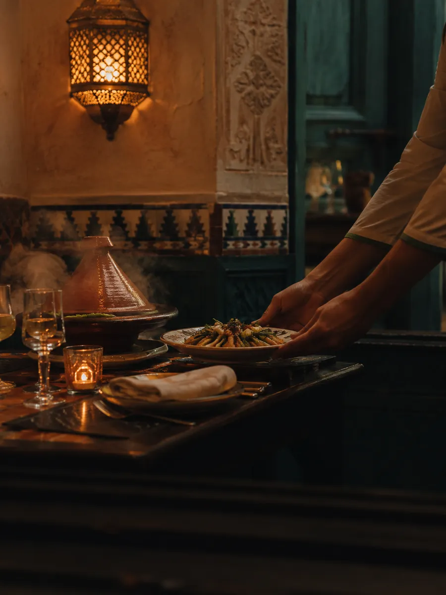 Moroccan restaurant evening service with tagine and mint tea