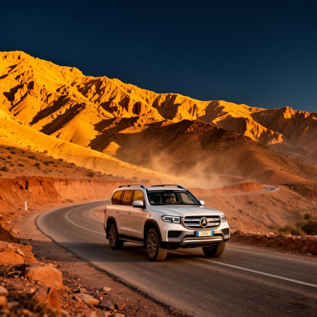 Touring vehicle on an Atlas mountain road at golden hour